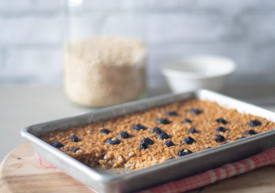 Sweet Potato Blueberry Baked Oatmeal on a Sheet Pan