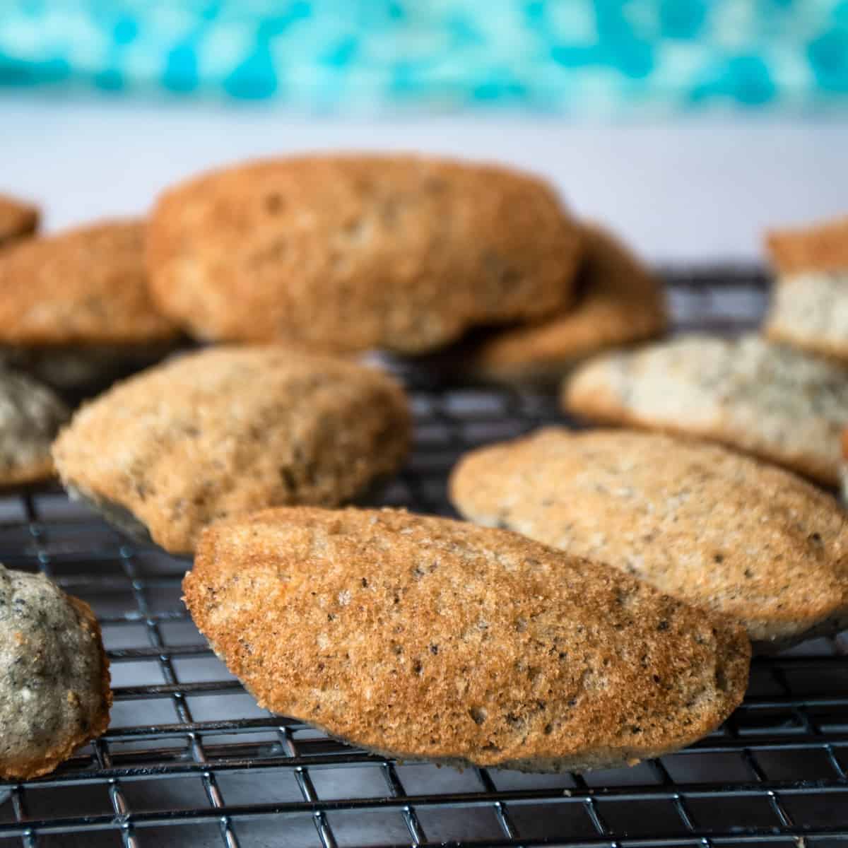 Close up of blue Corn Madeleines on a wire cooling rack